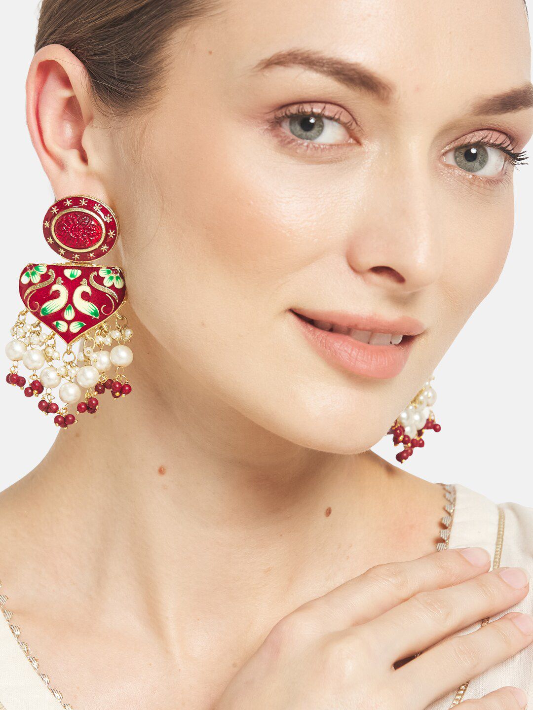ATIBELLE Red Peacock Inspired Meenakari Chandbalis Earrings with Beads Drop