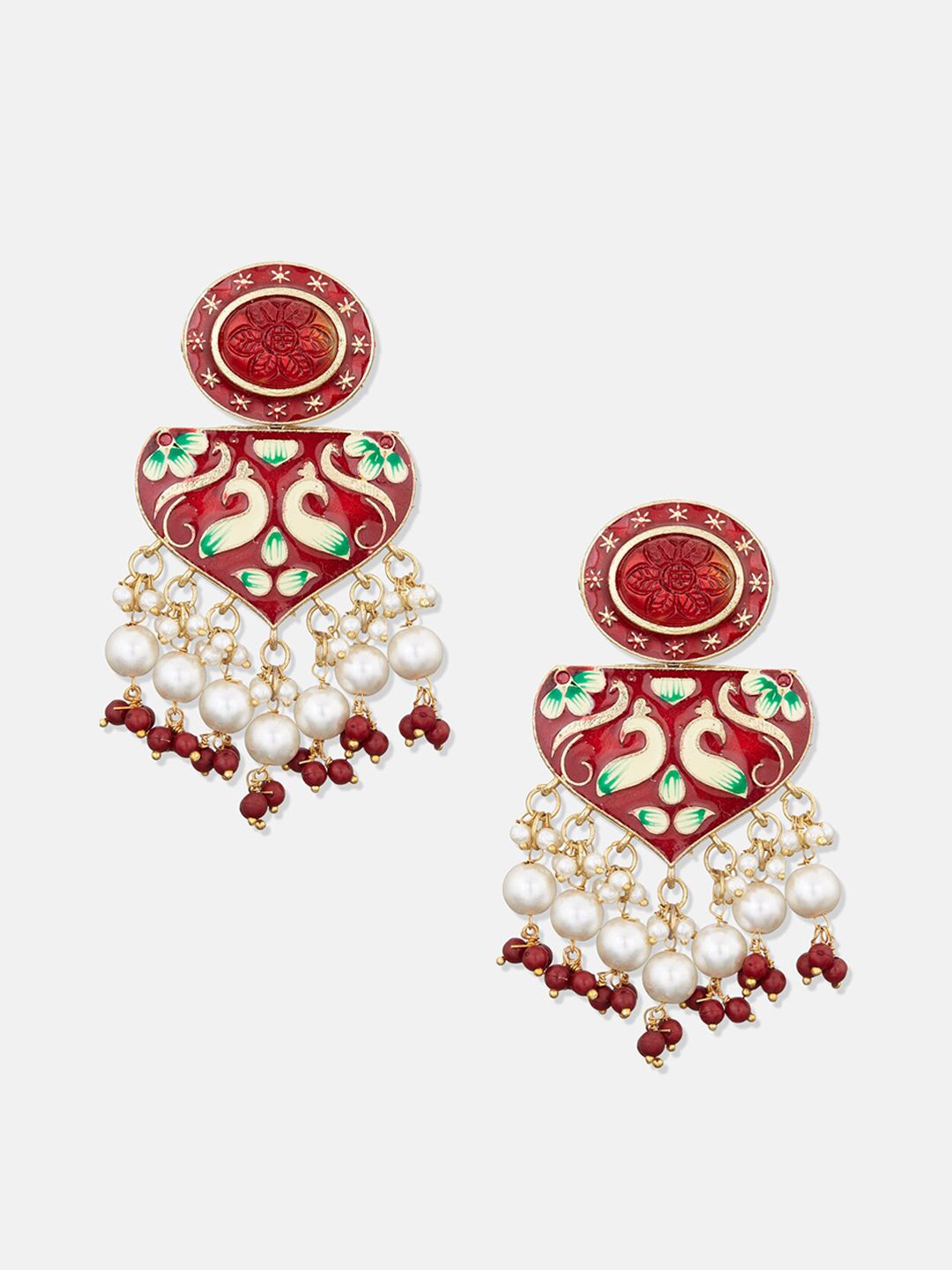 ATIBELLE Red Peacock Inspired Meenakari Chandbalis Earrings with Beads Drop