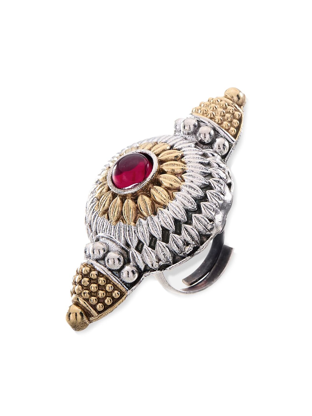 ATIBELLE Dual-Toned & Red Stones-Studded Adjustable Finger Ring