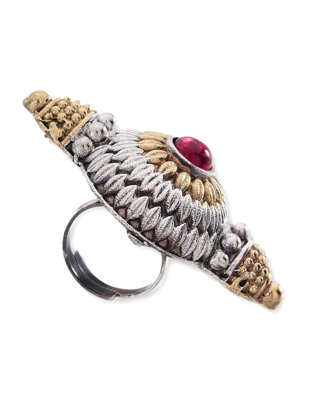 ATIBELLE Dual-Toned & Red Stones-Studded Adjustable Finger Ring