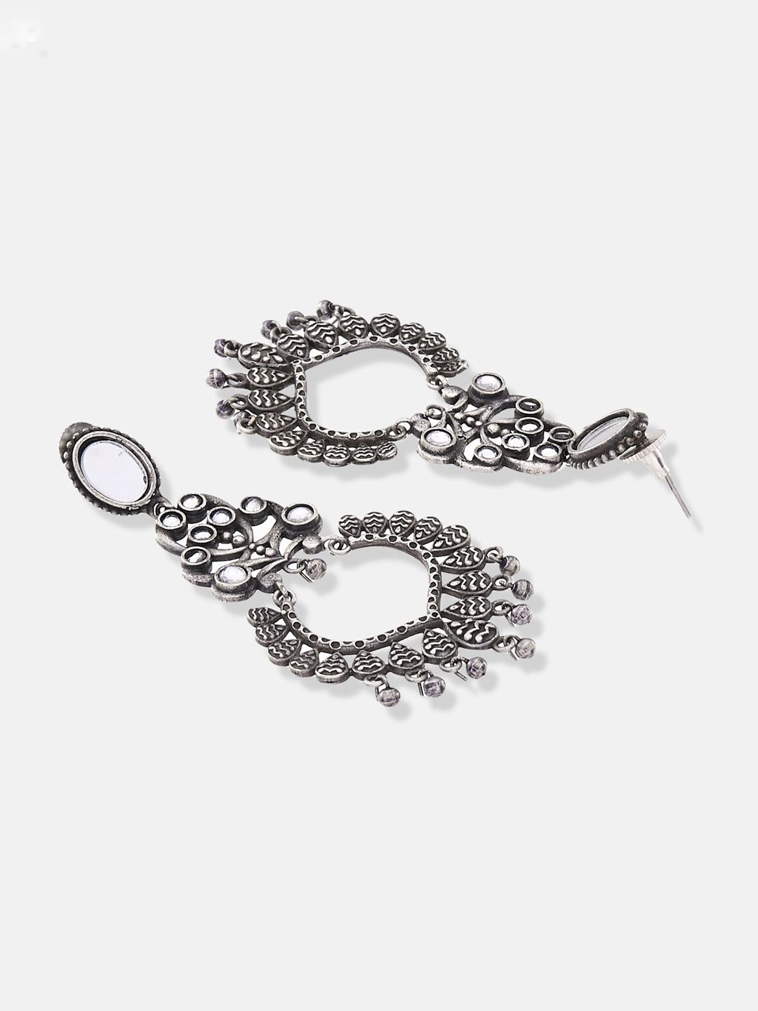 ATIBELLE Silver-Toned Oxidised Contemporary Drop Earrings