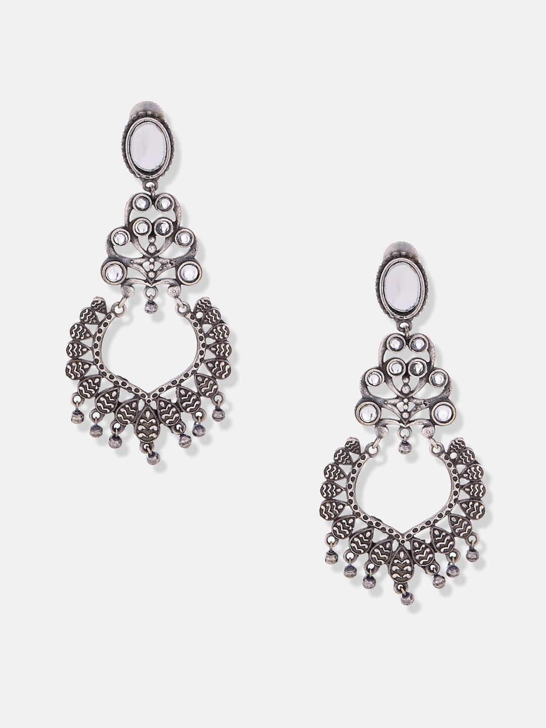 ATIBELLE Silver-Toned Oxidised Contemporary Drop Earrings