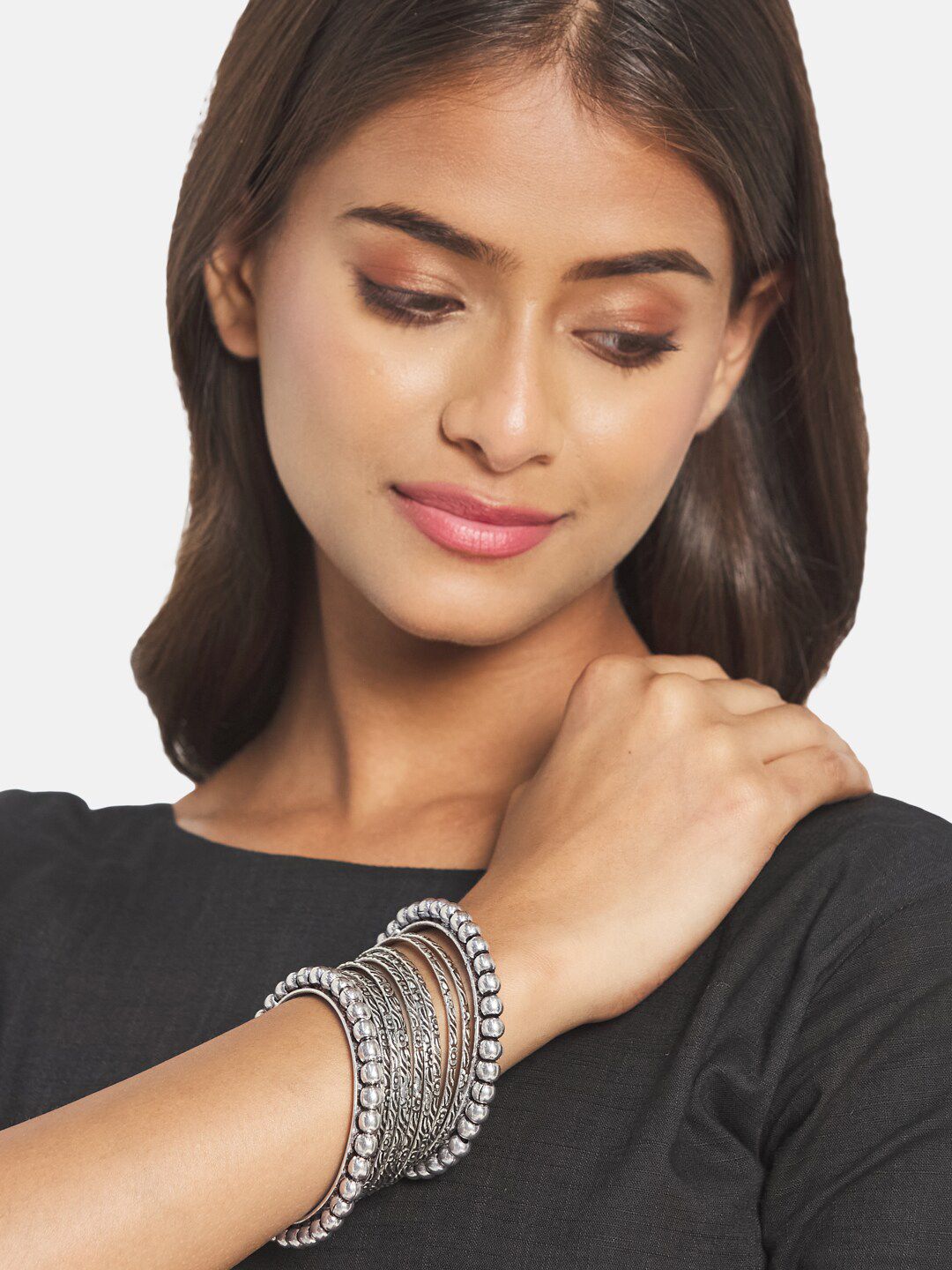 ATIBELLE Set Of 14 Silver-Plated & Toned Oxidised Bangles