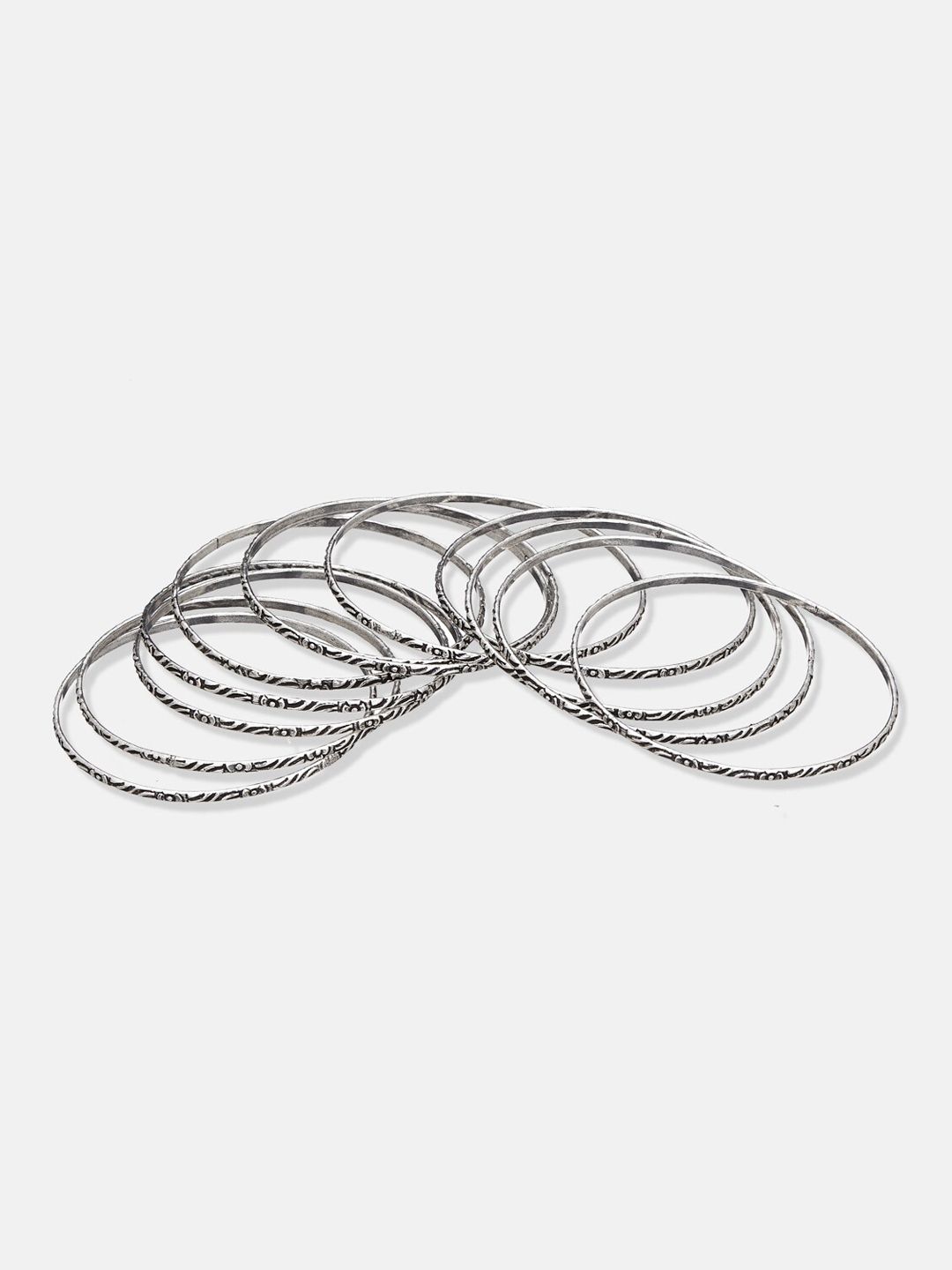 ATIBELLE Set Of 14 Silver-Plated & Toned Oxidised Bangles
