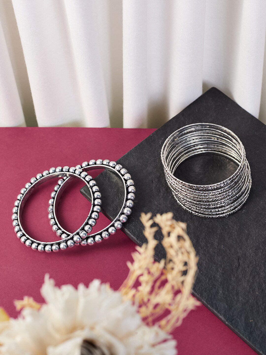 ATIBELLE Set Of 14 Silver-Plated & Toned Oxidised Bangles