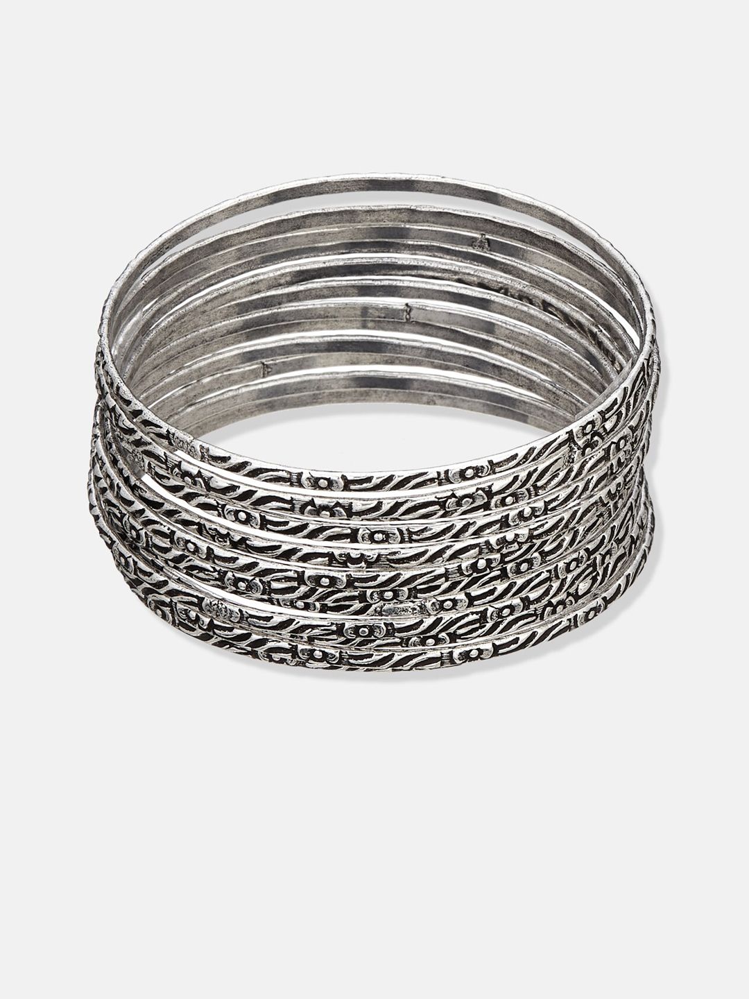 ATIBELLE Set Of 14 Silver-Plated & Toned Oxidised Bangles