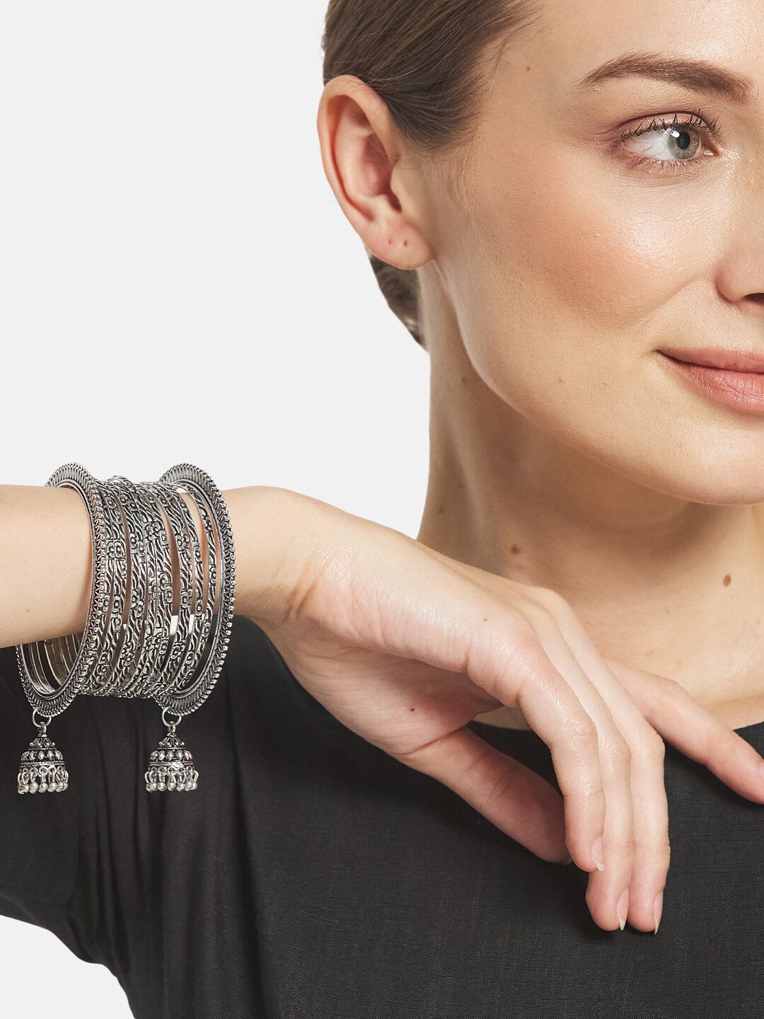 ATIBELLE Set Of 14 Oxidized Silver-Plated Textured Bangles