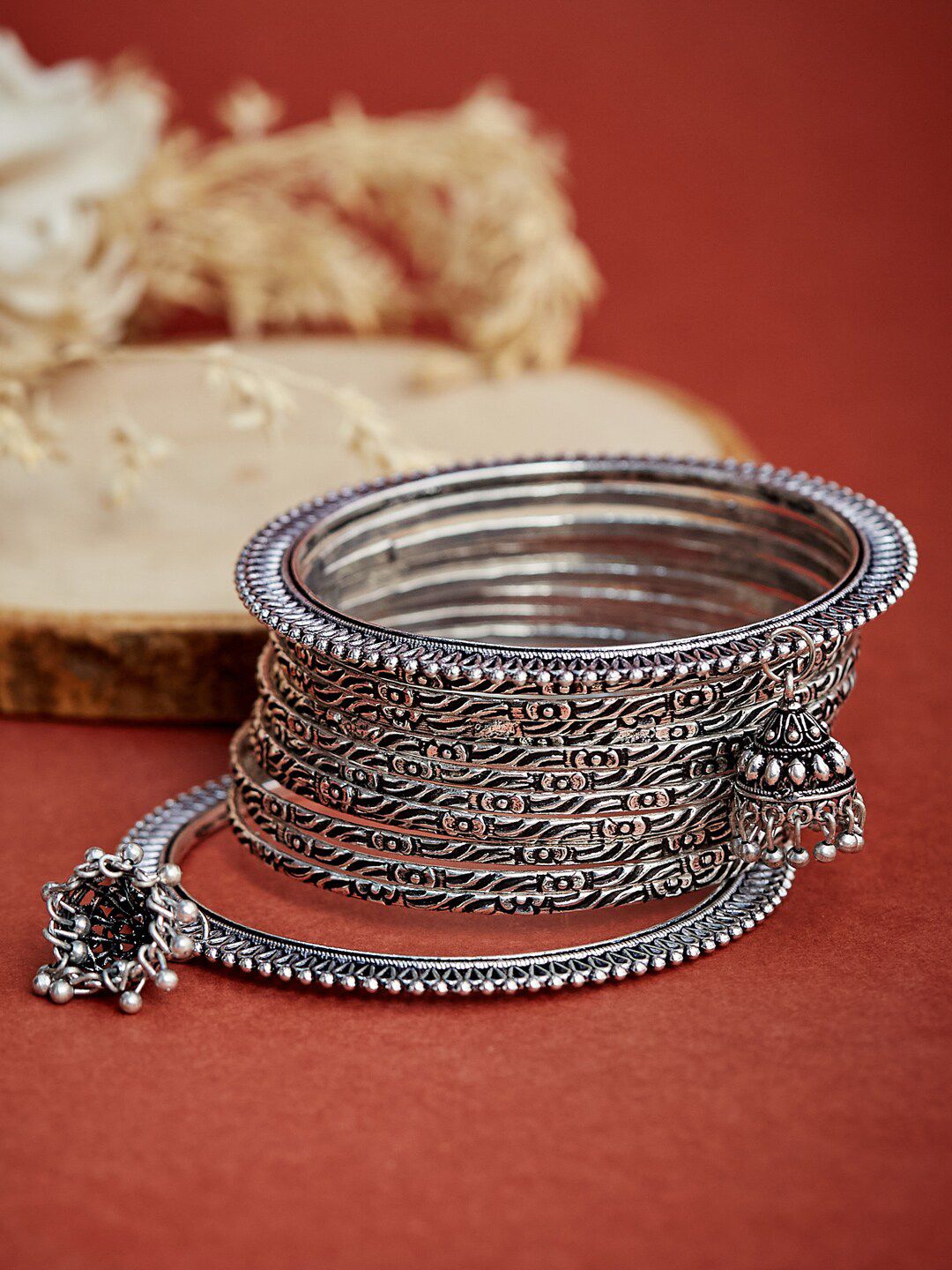 ATIBELLE Set Of 14 Oxidized Silver-Plated Textured Bangles