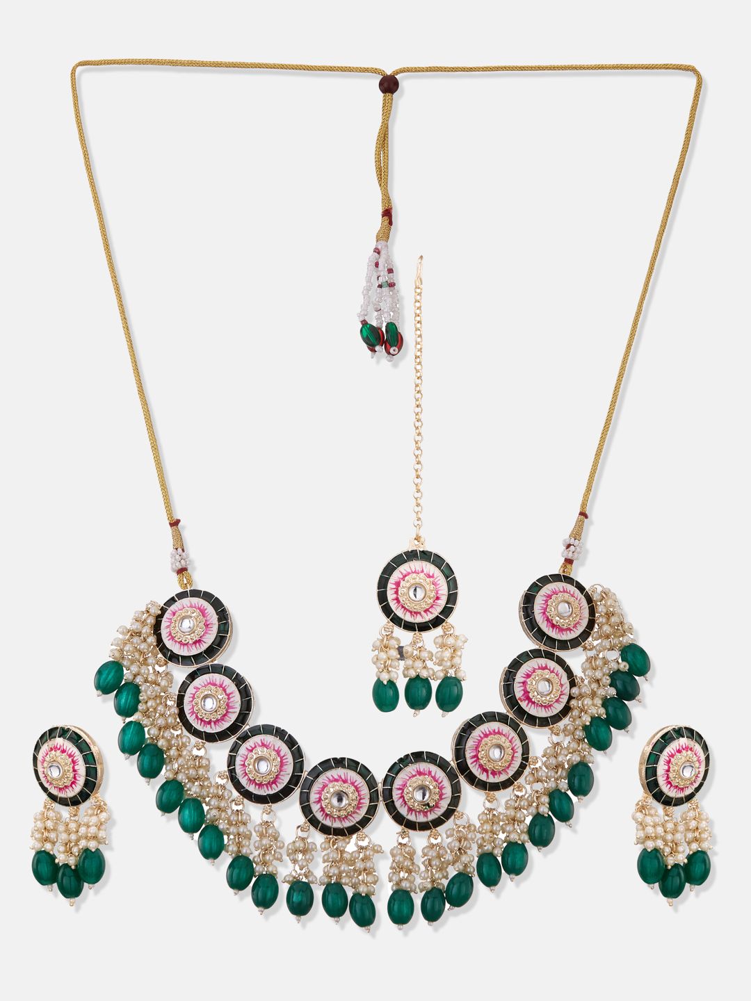ATIBELLE Gold-Plated Green & White Kundan-Studded Meenakari Jewellery Set