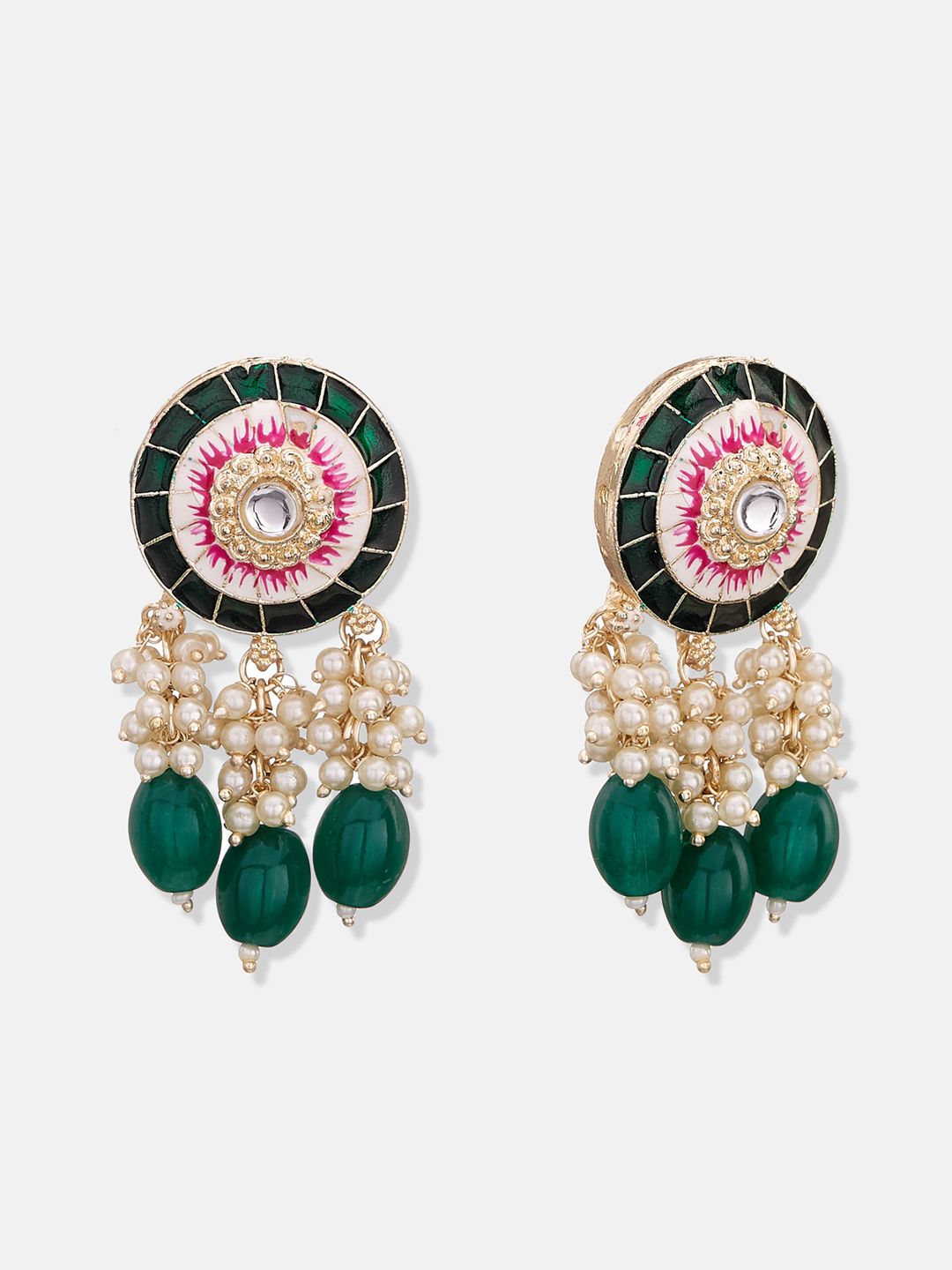 ATIBELLE Gold-Plated Green & White Kundan-Studded Meenakari Jewellery Set