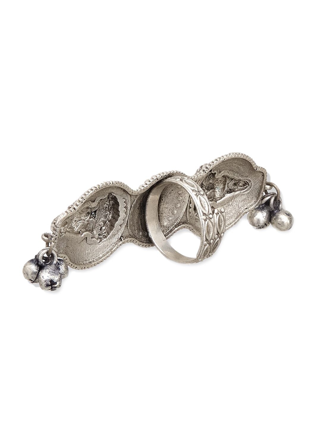 ATIBELLE Oxidised Silver-Plated Stone-Studded Ganesha Inspired Adjustable Statement Finger Ring