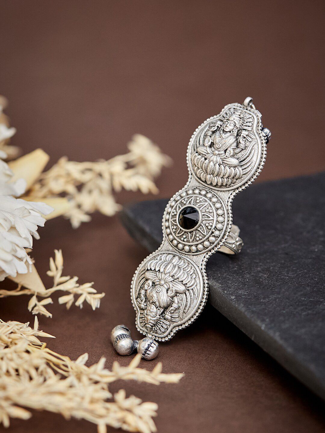 ATIBELLE Oxidised Silver-Plated Stone-Studded Ganesha Inspired Adjustable Statement Finger Ring