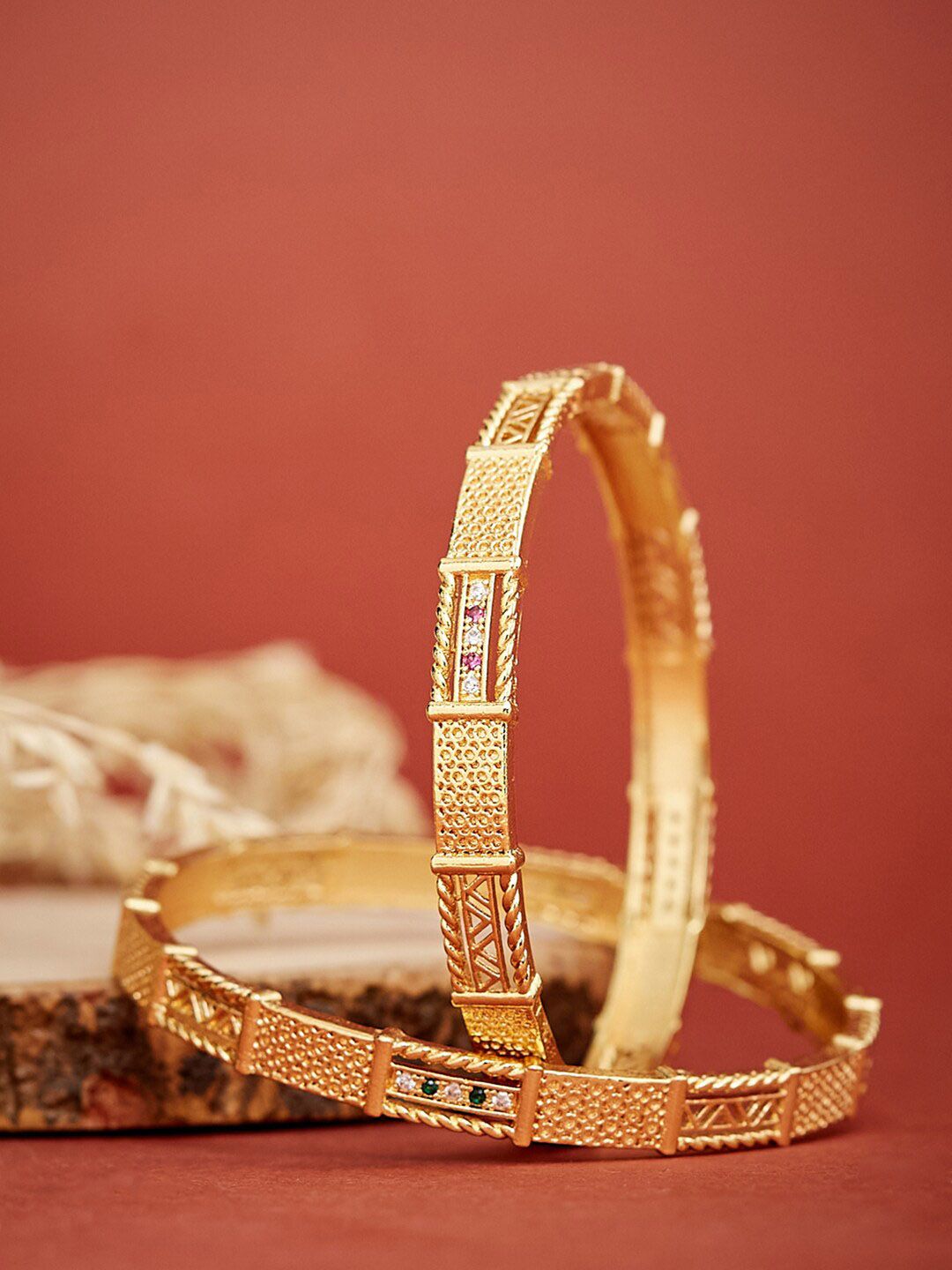 ATIBELLE Set Of 2 Gold-Plated White & Pink Stone Studded Handcrafted Bangles