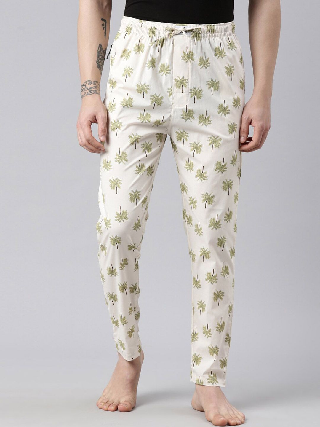 Bushirt Men Cream-Coloured & Green Printed Pure Cotton Drawstring Lounge Pants-picture-48