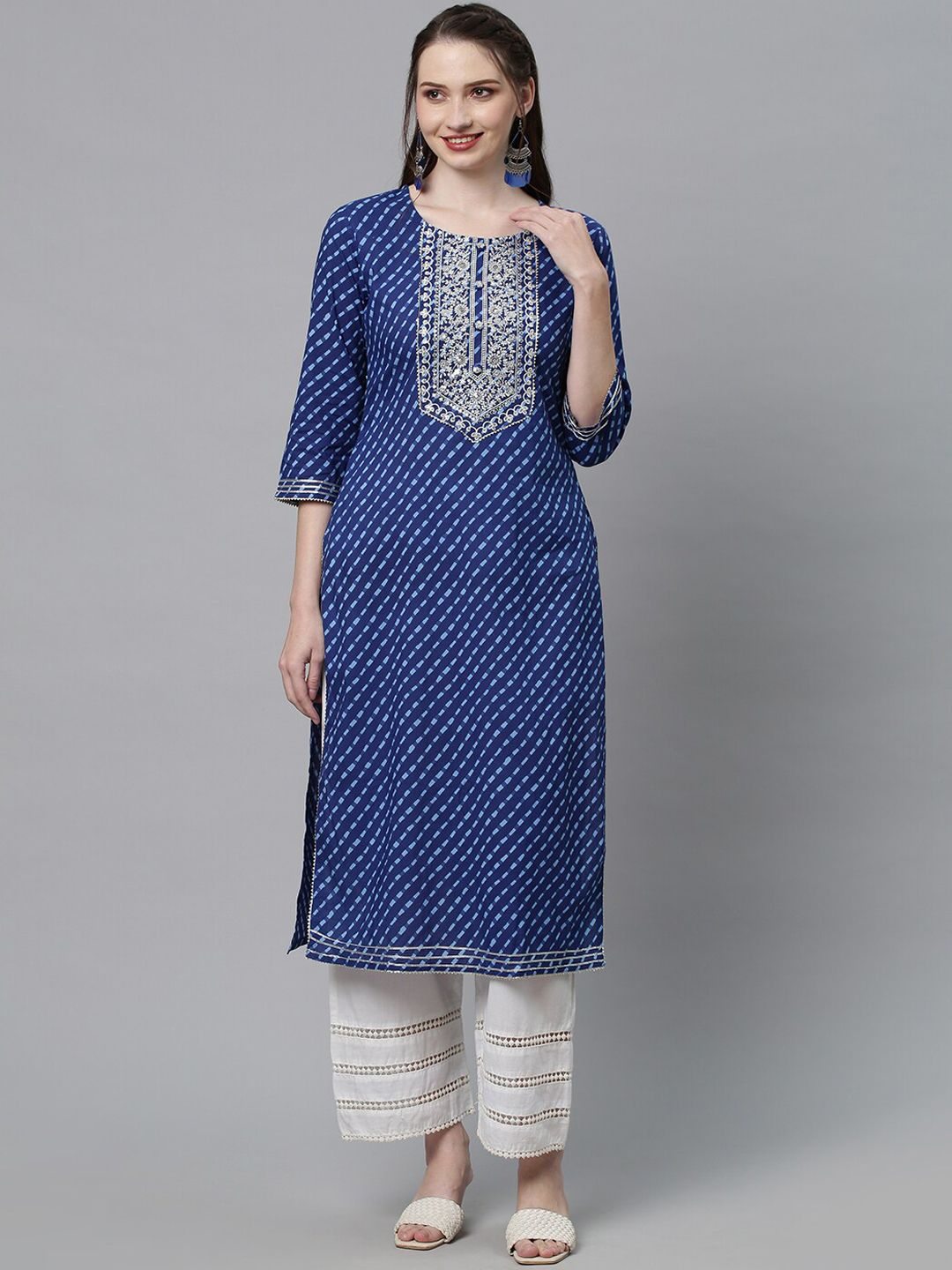 FASHOR Women Blue & White Floral Yoke Design Flared Sleeves Thread Work Cotton Kurta-picture-10