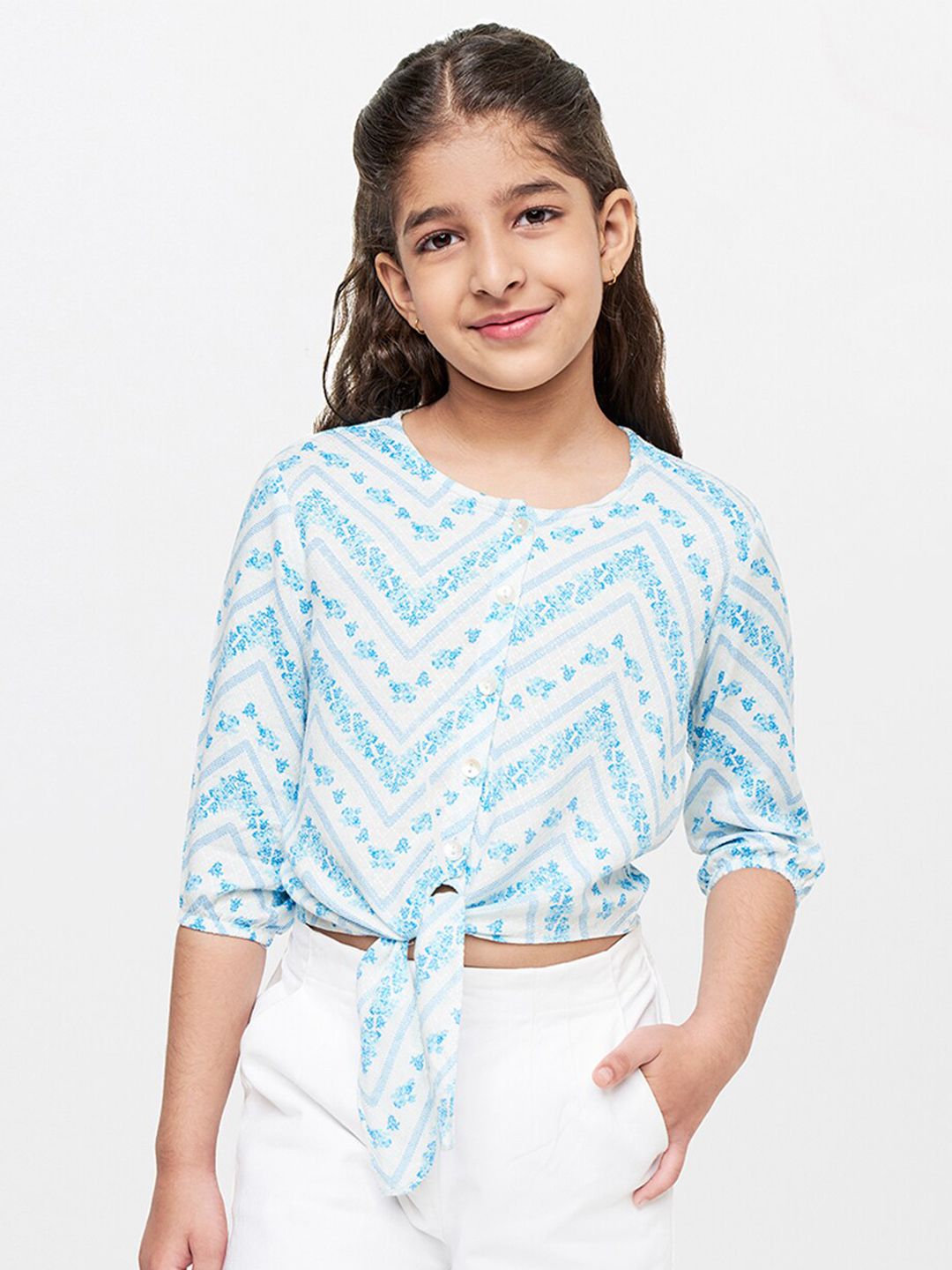 Global Desi Girls White & Blue Floral Print Top-picture-56