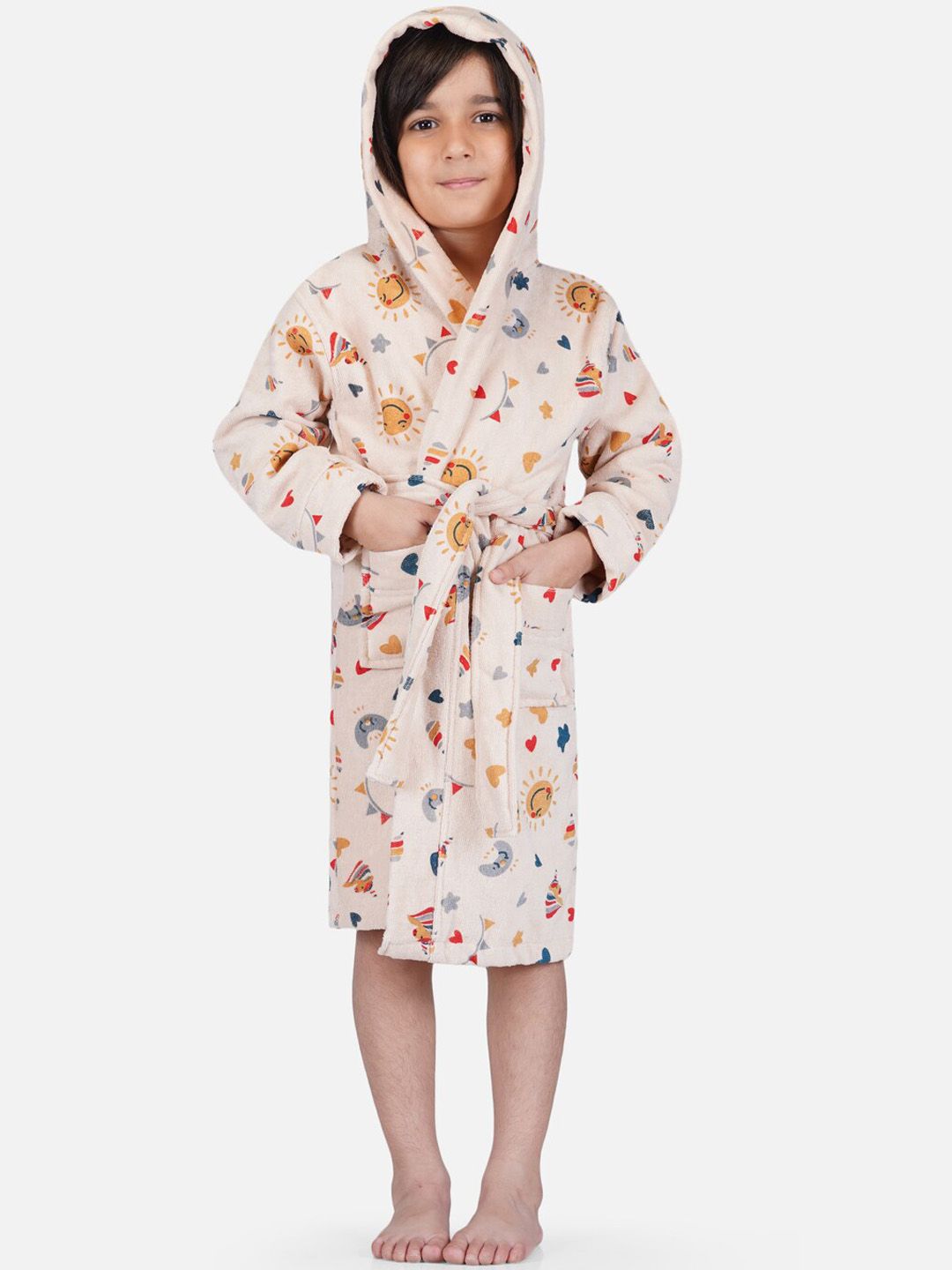 RANGOLI Kids Beige Printed Cotton Bath Robe