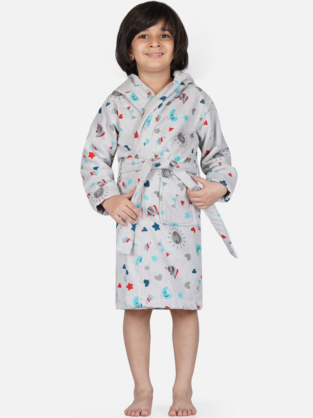 RANGOLI Kids Grey Printed Pure Cotton Bath Robe-image-48