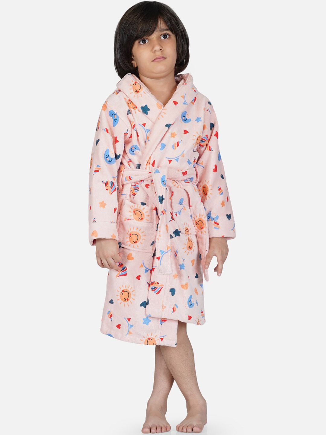 RANGOLI Kids Peach Colored Printed 400 GSM Pure Cotton Bath Robe