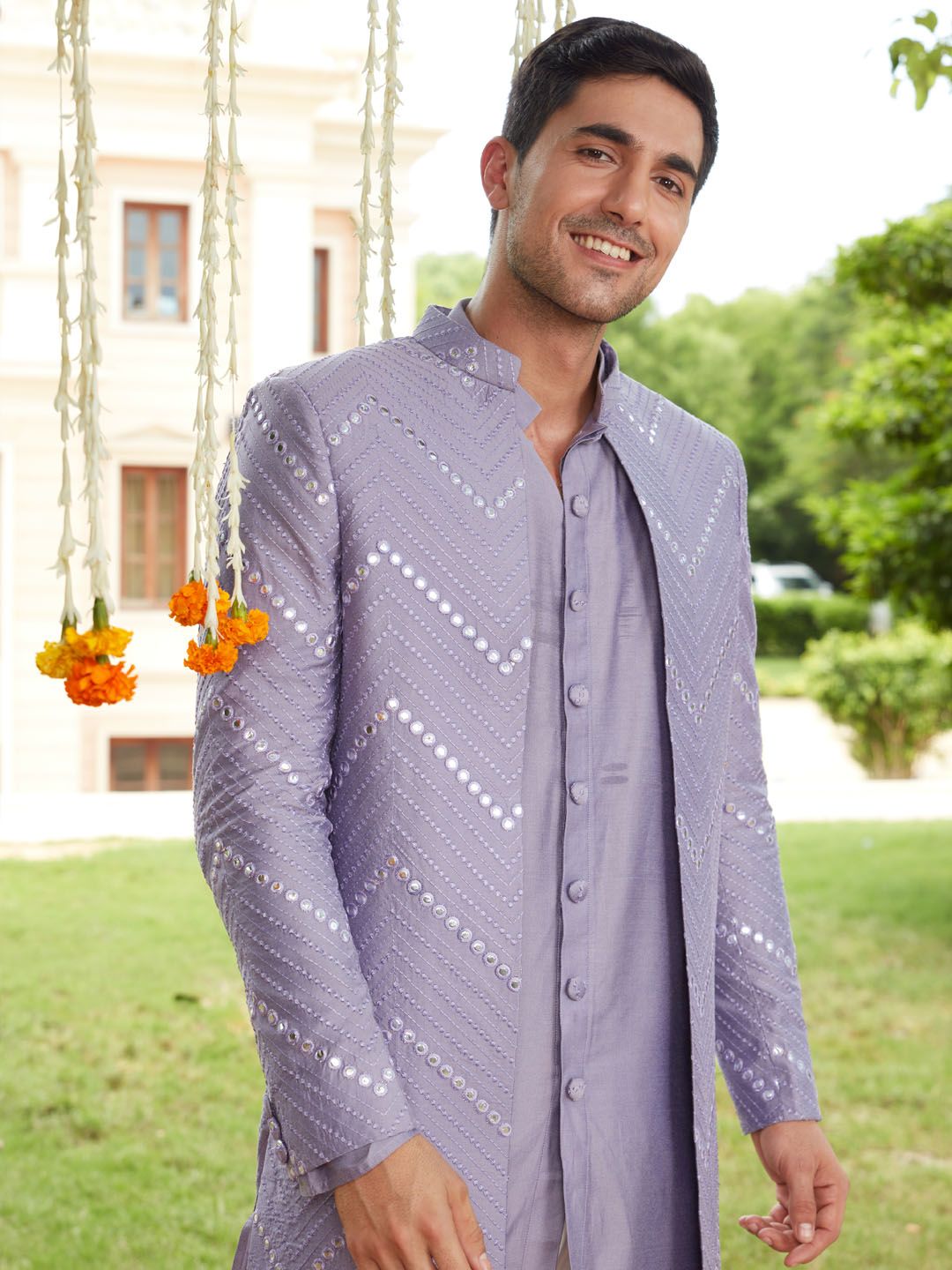 SHRESTHA BY VASTRAMAY Men Purple Mirror Work Front Open Sherwani Over Kurta Pyjama Set