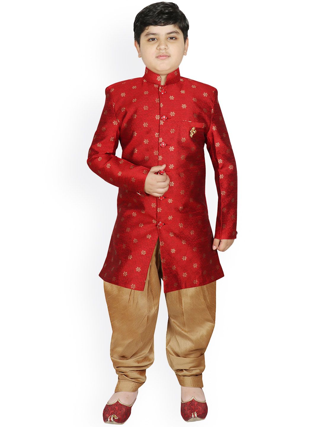 SG YUVRAJ Boys Maroon & Golden Printed Sherwani Set-image-19