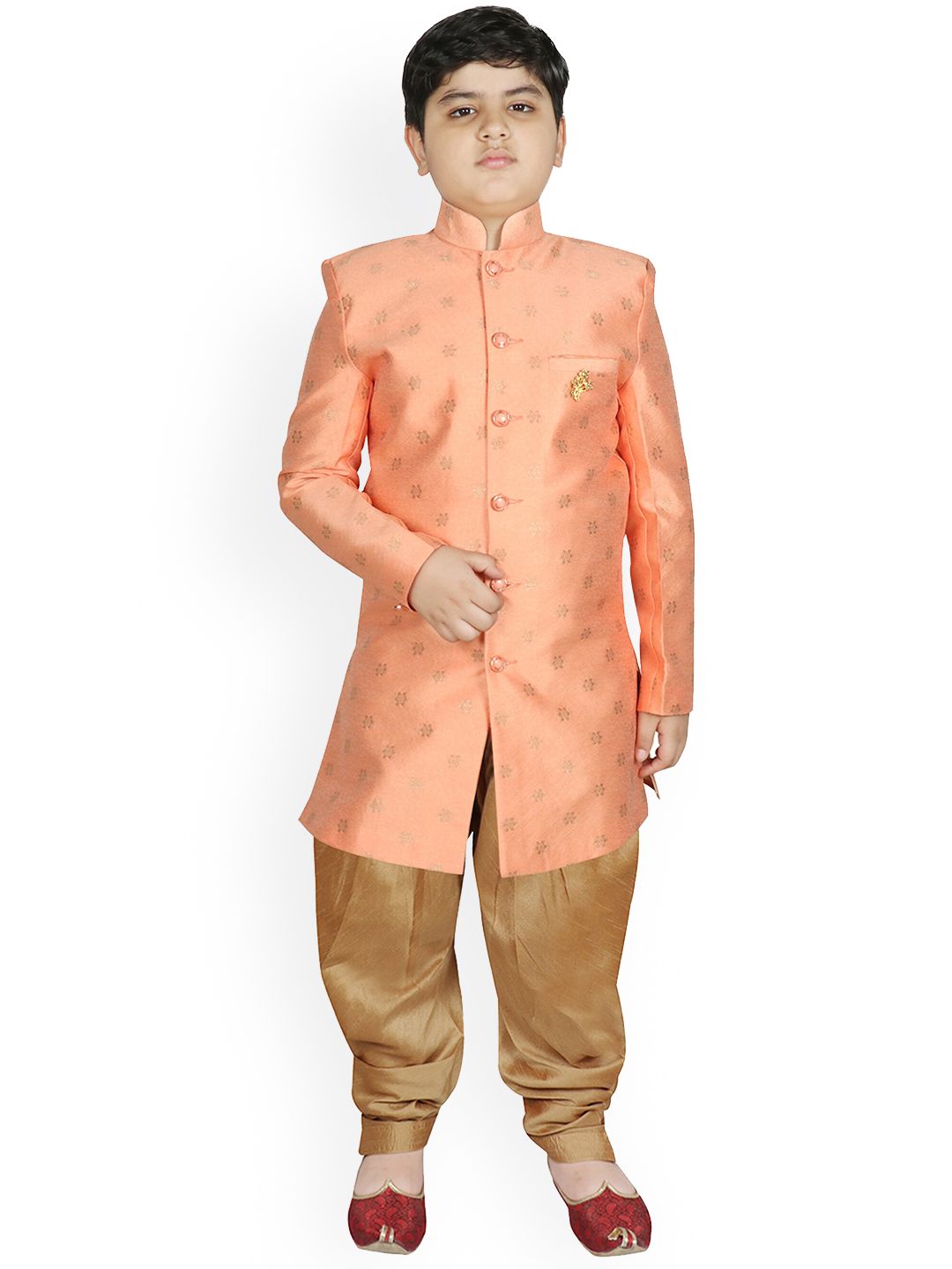 SG YUVRAJ Boys Peach Colored & Gold Woven Design Sherwani-picture-11
