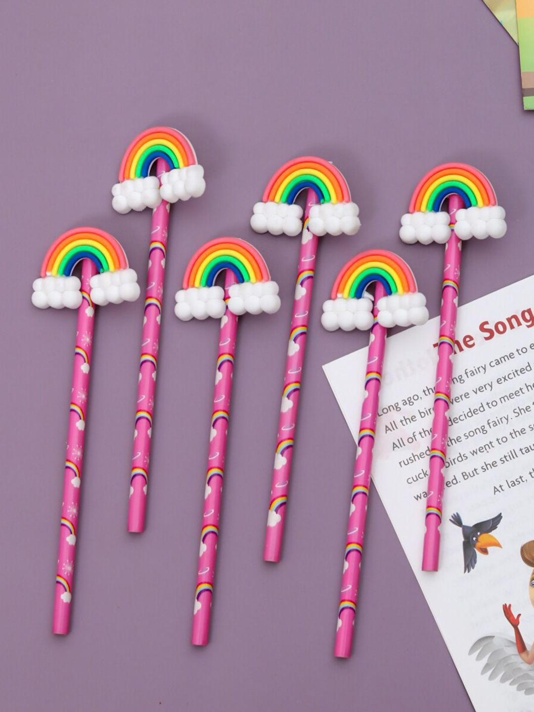 Yellow Bee Kids Set Of 6 Pink & White Rainbow Motifs Printed Pencil-image-2