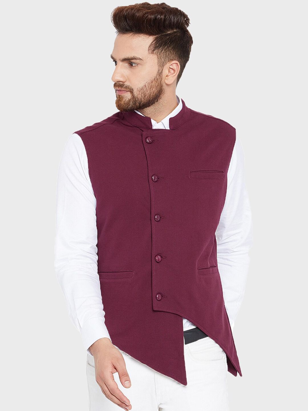 Hypernation Men Maroon Asymmetric Mandarin Collar Cotton Nehru Jacket-image-47