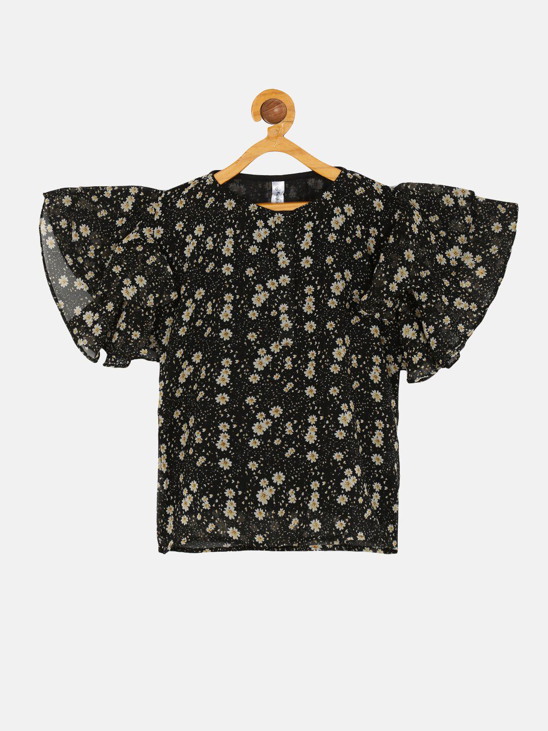 KiddoPanti Black & Cream-Coloured Floral Print Georgette Frill layered Sleeve Top-picture-35