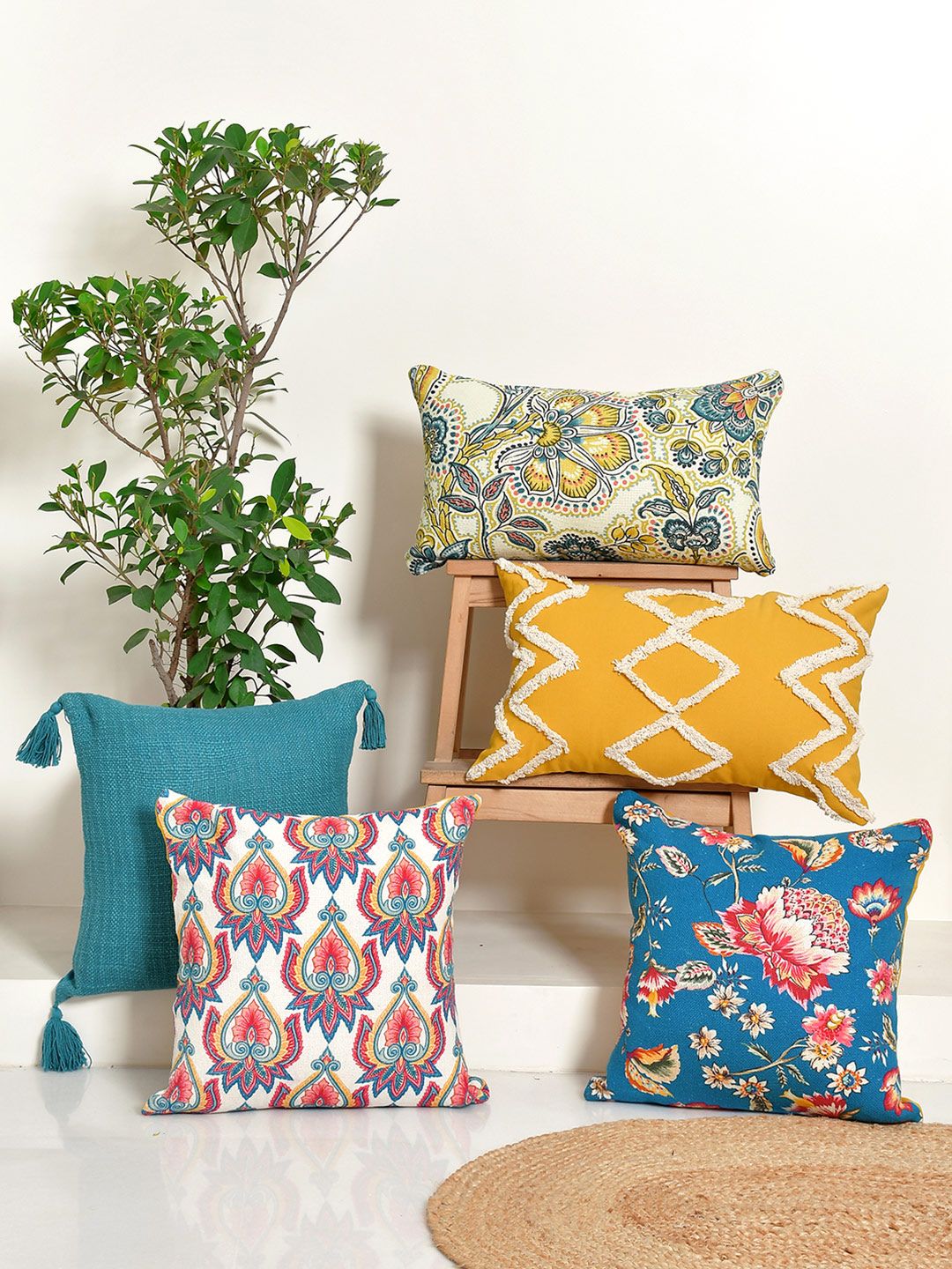BLANC9 Tea Blue & Yellow 5 Pieces Ethnic Motifs Square & Rectangle Cushion Covers-image-19
