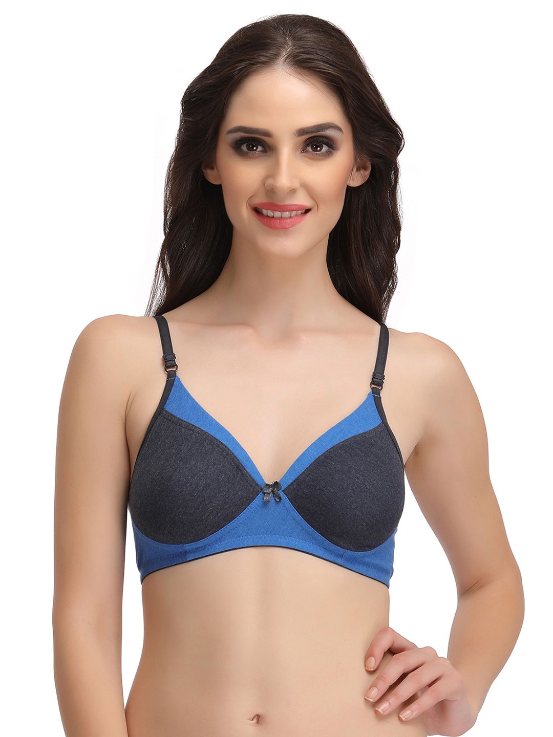 Clovia Blue & Charcoal Grey Solid Non-Wired Non-Padded Everyday Bra BR0827P0840C-image-4