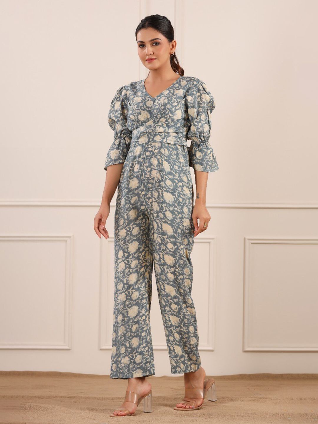 JISORA Women Blue & Cream-Coloured Printed Basic Jumpsuit-image-12