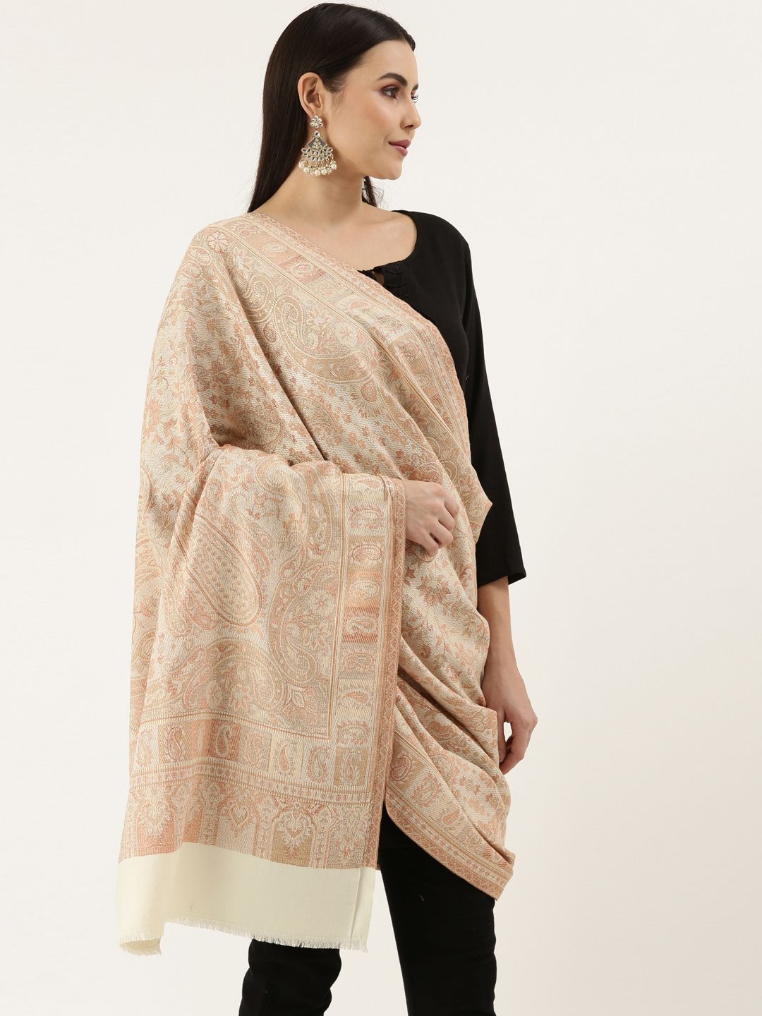 Pashmoda Woman Off- White Woven Design Jamawar Shawl-image-2