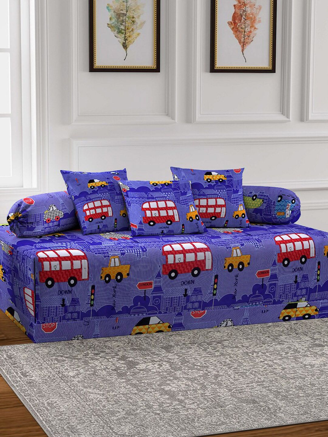 Arrabi Set Of 6 Red & Blue Cartoon Printed Cotton Blend Diwan Set-image-7