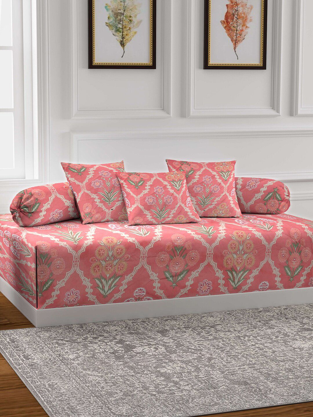Arrabi Peach-Colored Set of 6 Printed Diwan Set