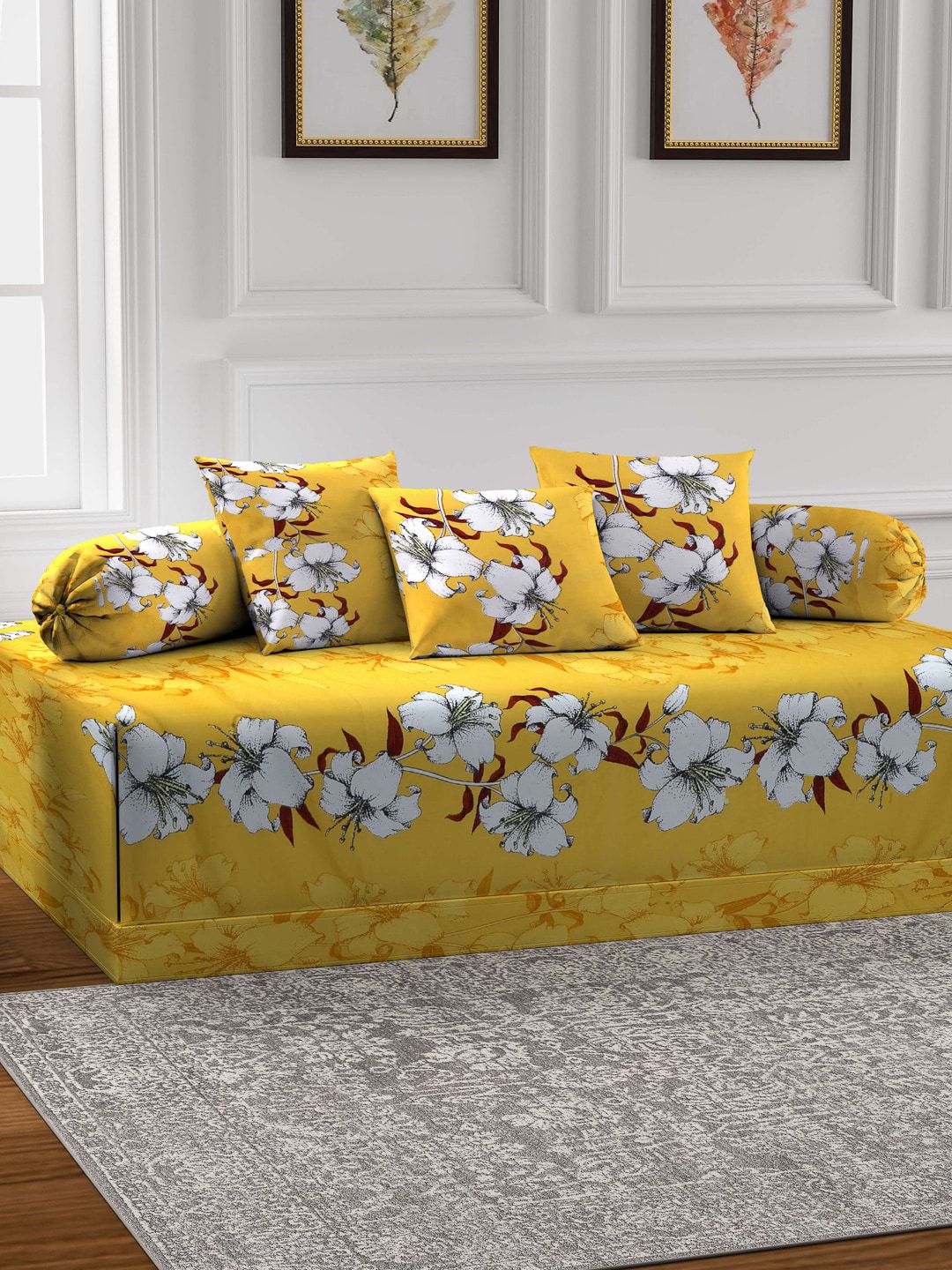 Arrabi Yellow Set of 6 Floral TC Cotton Blend Diwan Set-picture-50