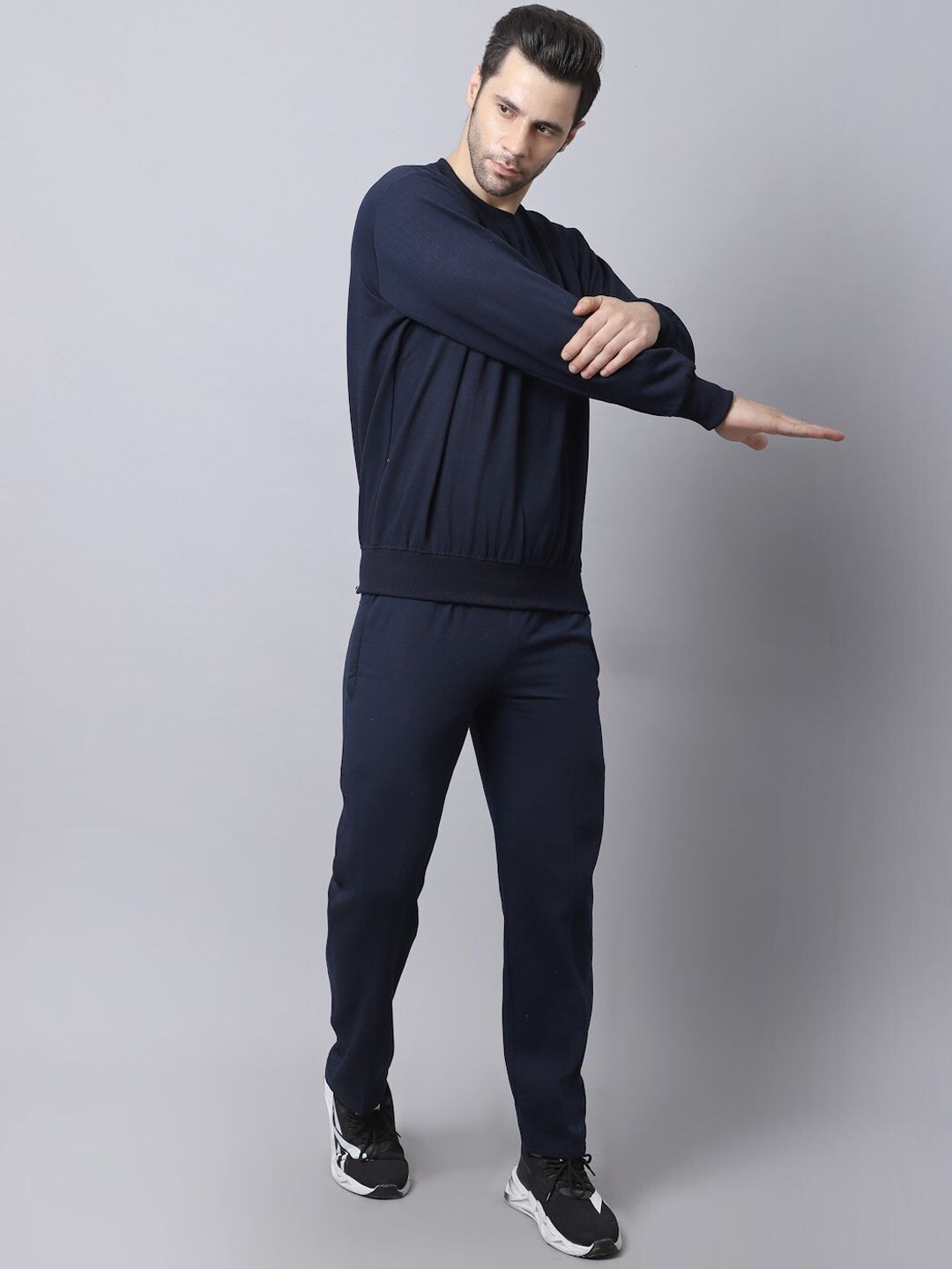 mack jonney VIMAL JONNEY Men Navy Blue Solid Fleece Tracksuit-picture-35