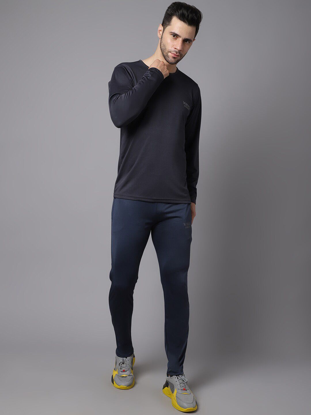 VIMAL JONNEY Men Charcoal Grey Dry Fit Solid Tracksuit-image-41