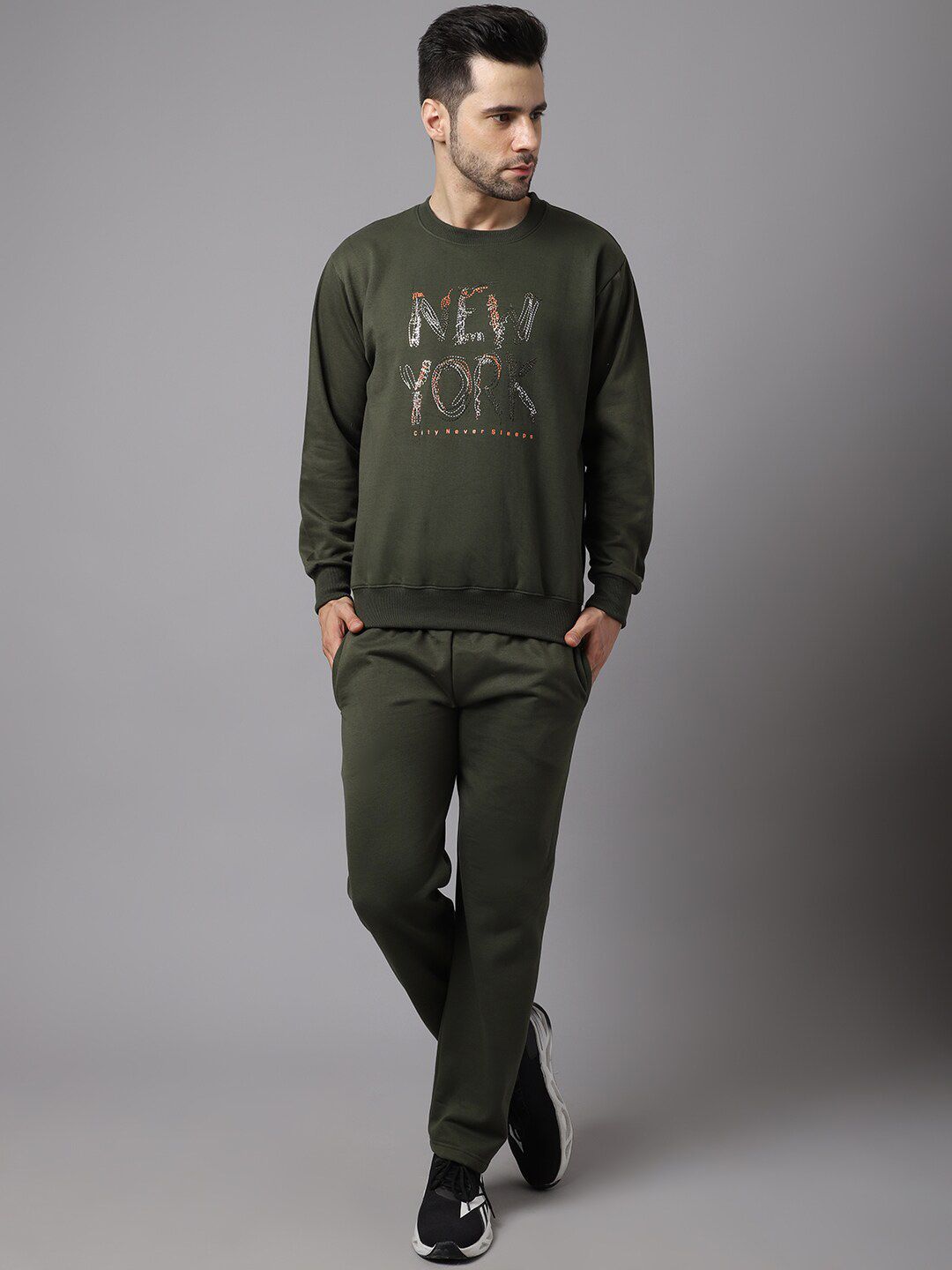 VIMAL JONNEY Men Olive Green & White Typography Print Cotton Track Suit-image-15