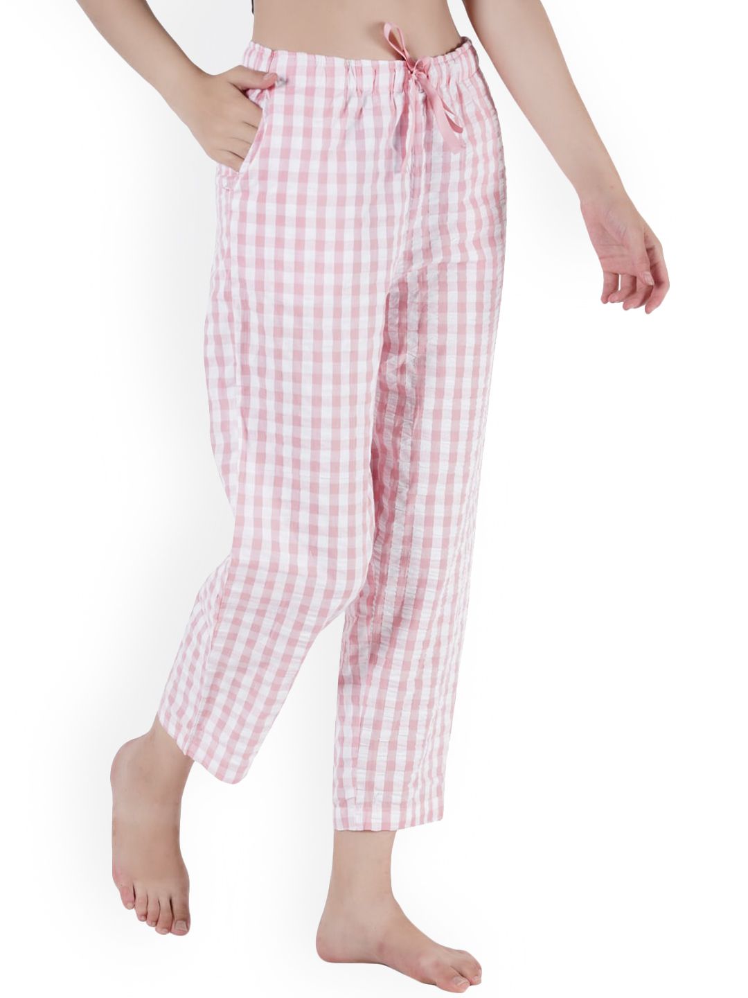 Style Shoes Women Pink & White Checked Cotton Lounge Pants-picture-30