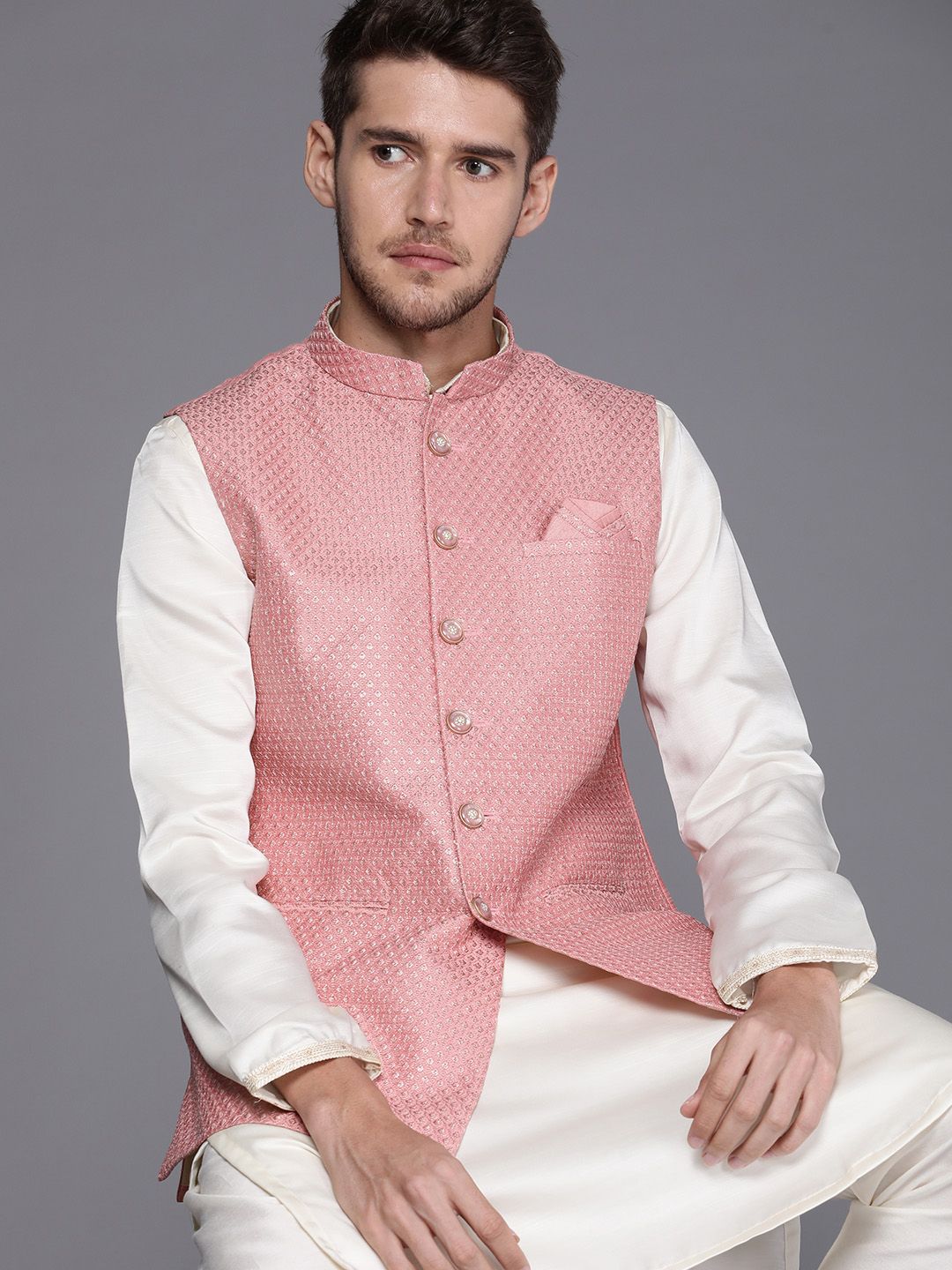 Manyavar Woven Design Pure Silk Nehru Jacket