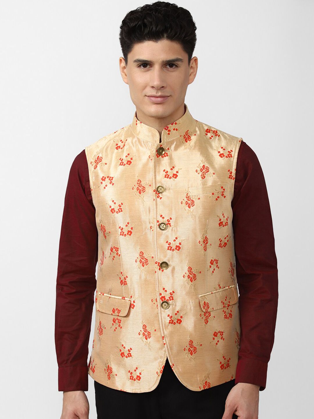 Peter England Elite Men Beige Printed Nehru Jacket-picture-10