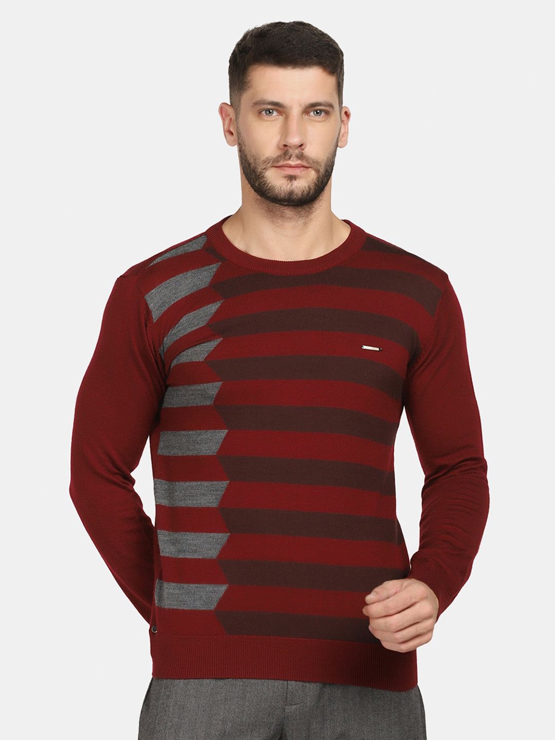 Blackberrys Men Maroon & Grey Striped Pullover-image-4