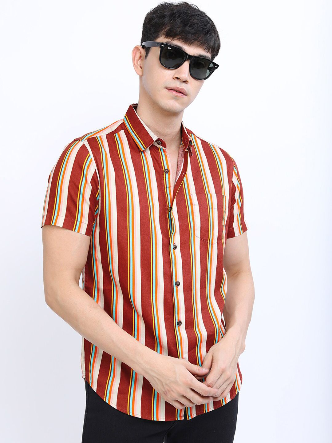 HIGHLANDER Men Maroon Slim Fit Striped Casual Shirt-picture-35