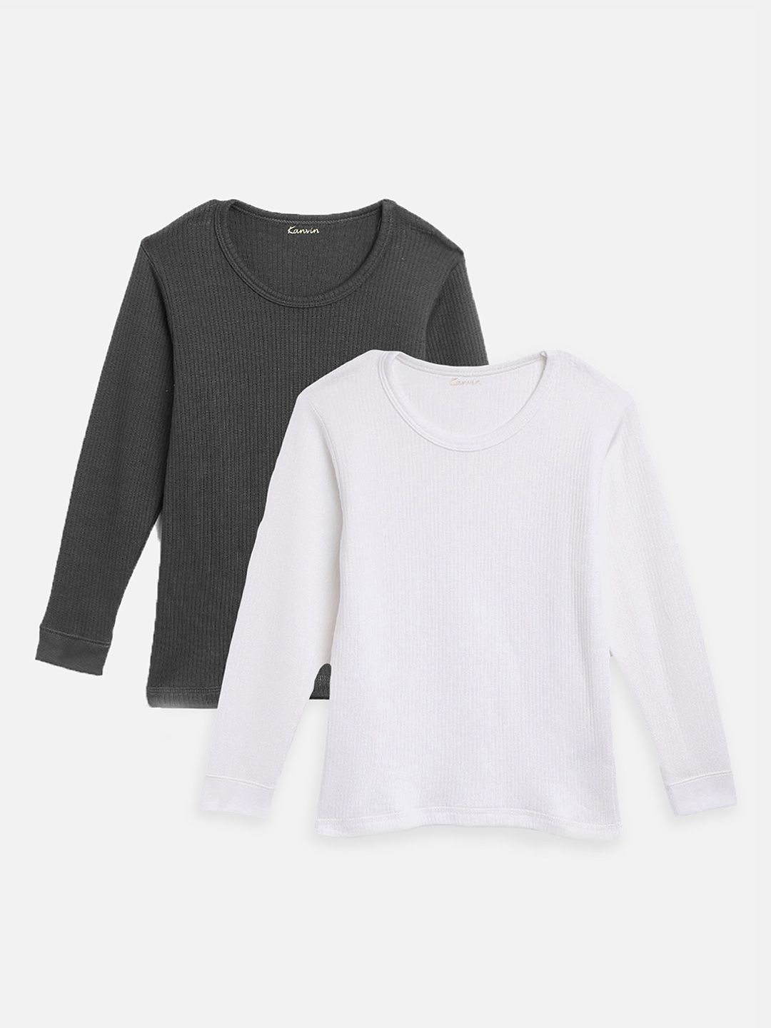 Kanvin Boys pack of 2  Charcoal And White Ribbed Cotton Thermal Tops-picture-35