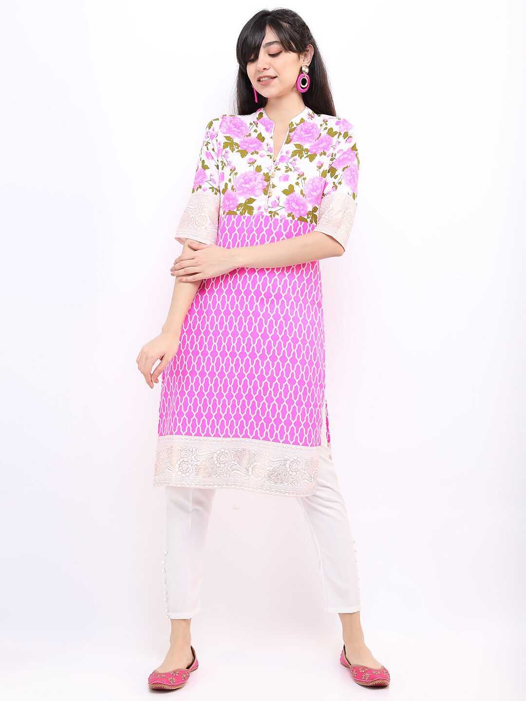 Vishudh Women Pink & Khaki Floral Printed Straight Kurta-picture-19
