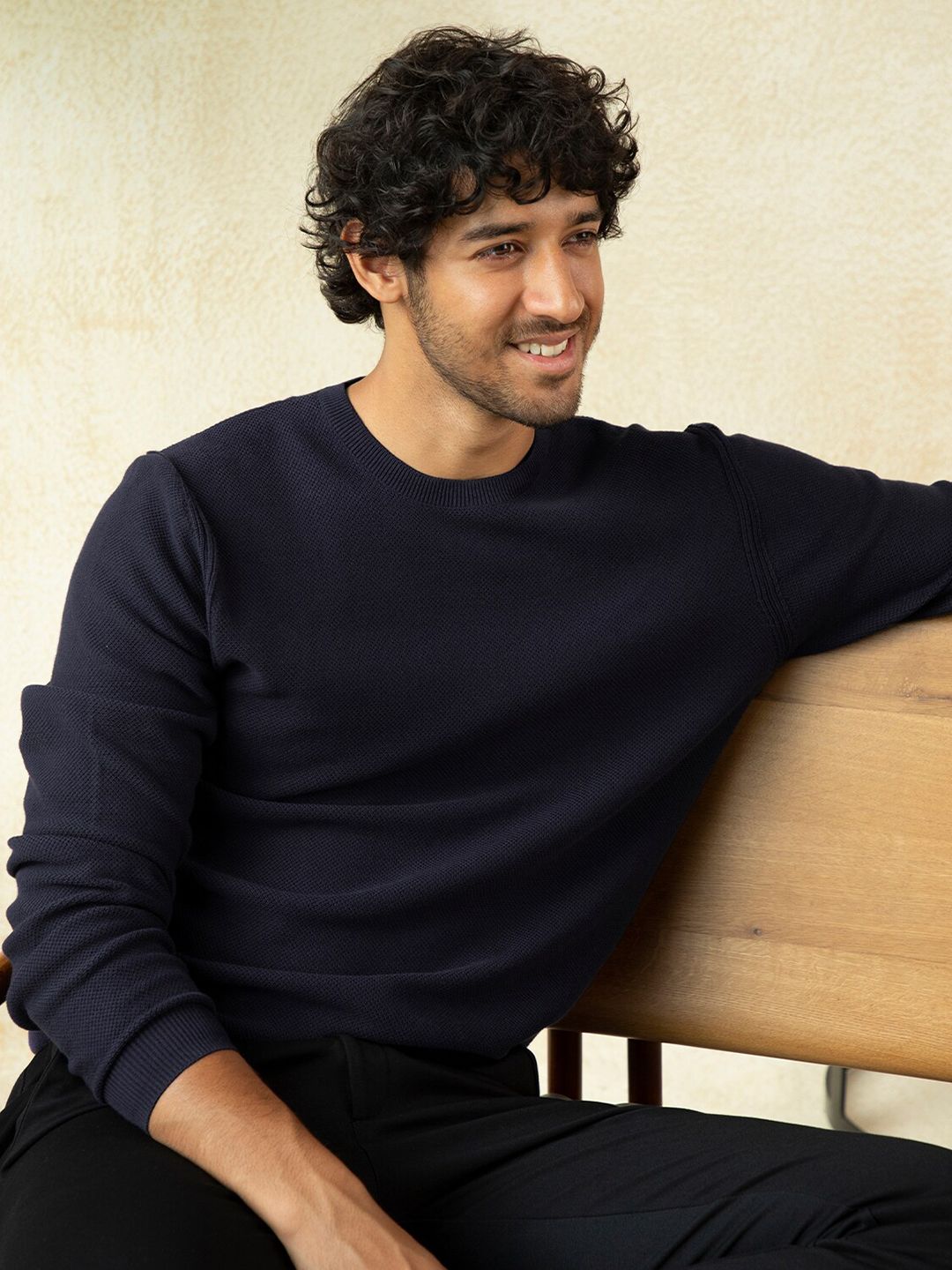 Andamen Men Navy Blue Solid Long Sleeves Ribbed Hemline Cotton Pullover Sweater-picture-30