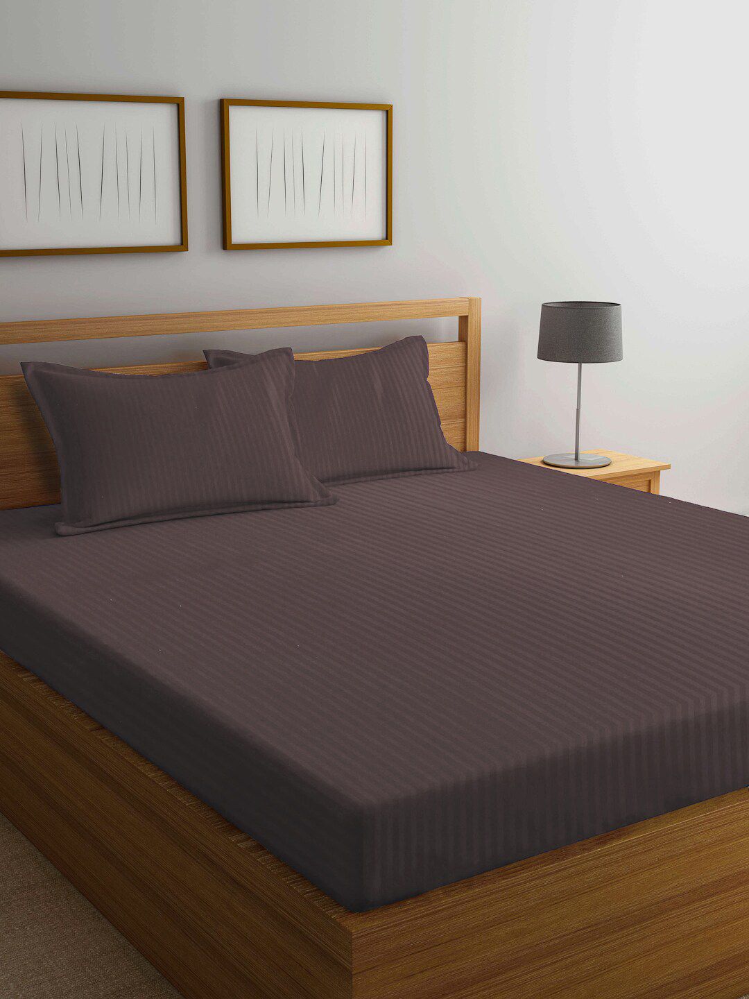 Arrabi Brown Striped 300 TC King Bedsheet with 2 Pillow Covers-picture-26
