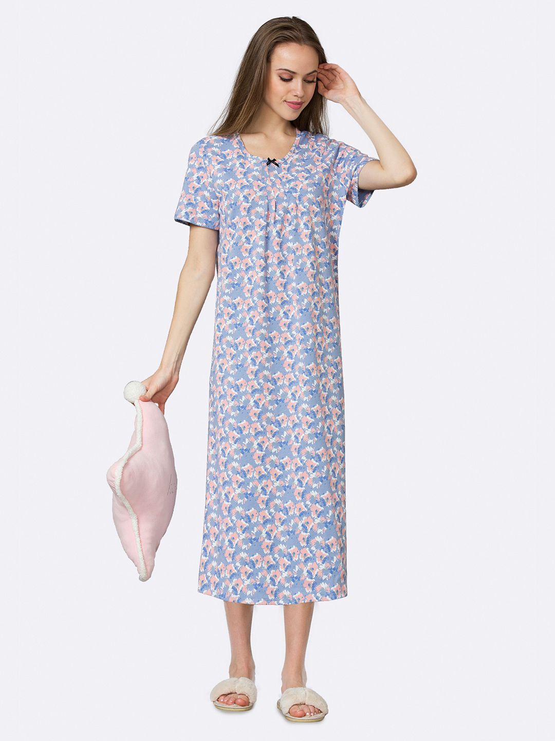 Van Heusen Women Allover Print Round Neck Pleated Front Lounge Night Gown-picture-12