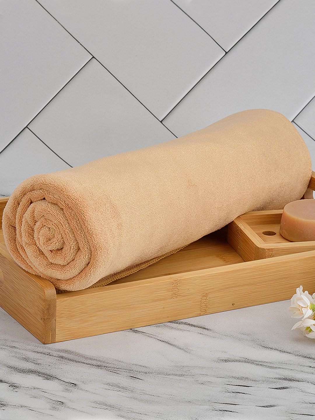 Black gold Set Of 3 Beige Solid 400 GSM Microfiber Bath Towels-picture-23